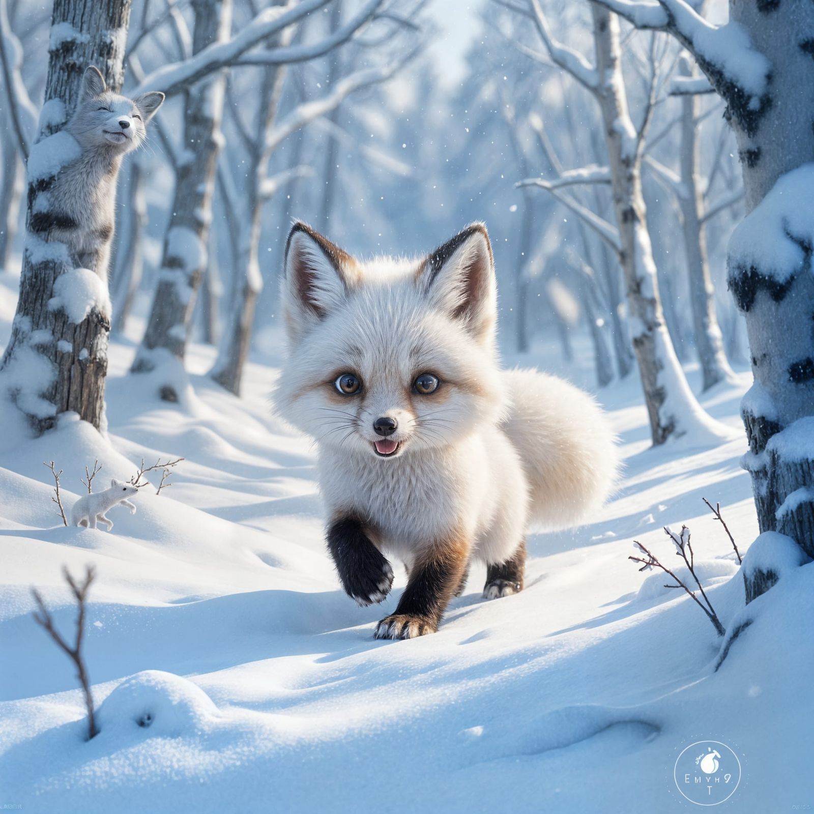 Whimsical Arctic Fox in Snowy Forest, Pixar Style