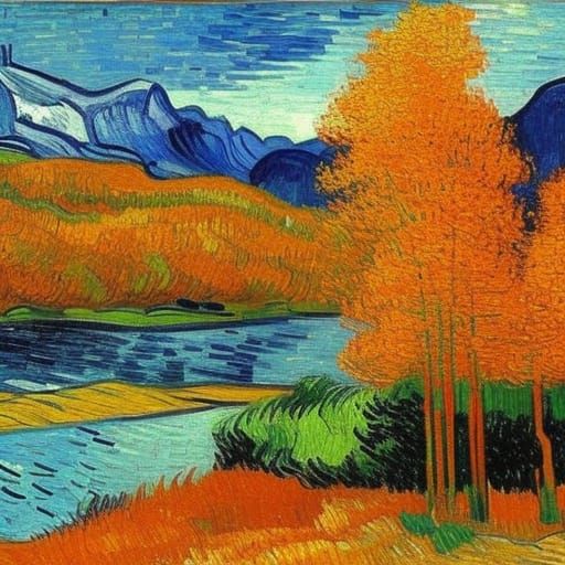 Autumn Cabin Landscape in Van Gogh Style