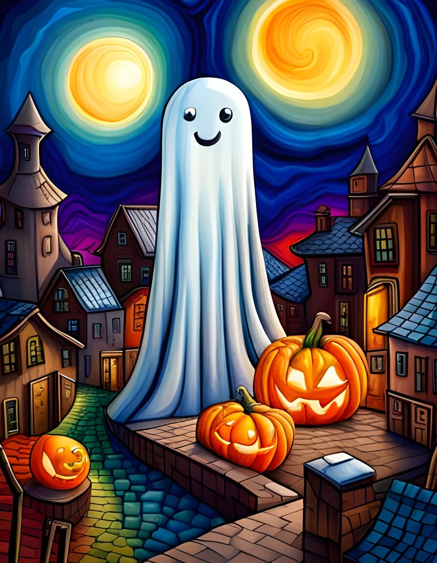 Cute Halloween Ghost in Cubist Aquarelle Style