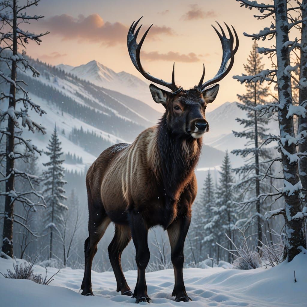 Reindeer and Wolverine Encounter in Snowy Mountains