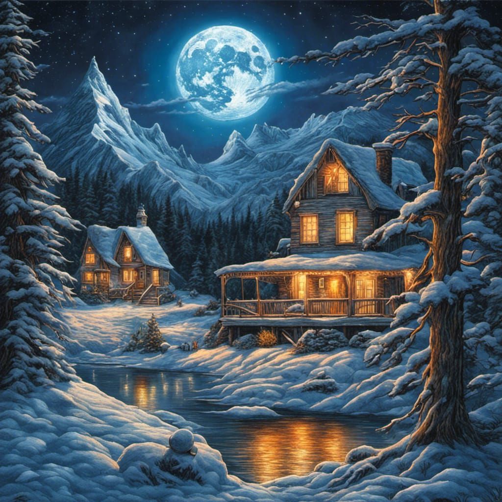 Winter Lake Scene with Snowmen in Colored Pencil