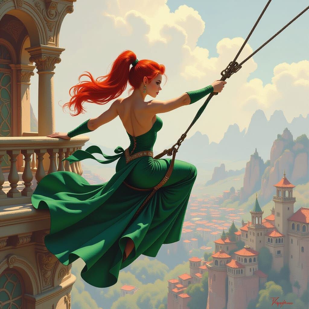 Elf Ziplining in Fantasy Oil Painting Style