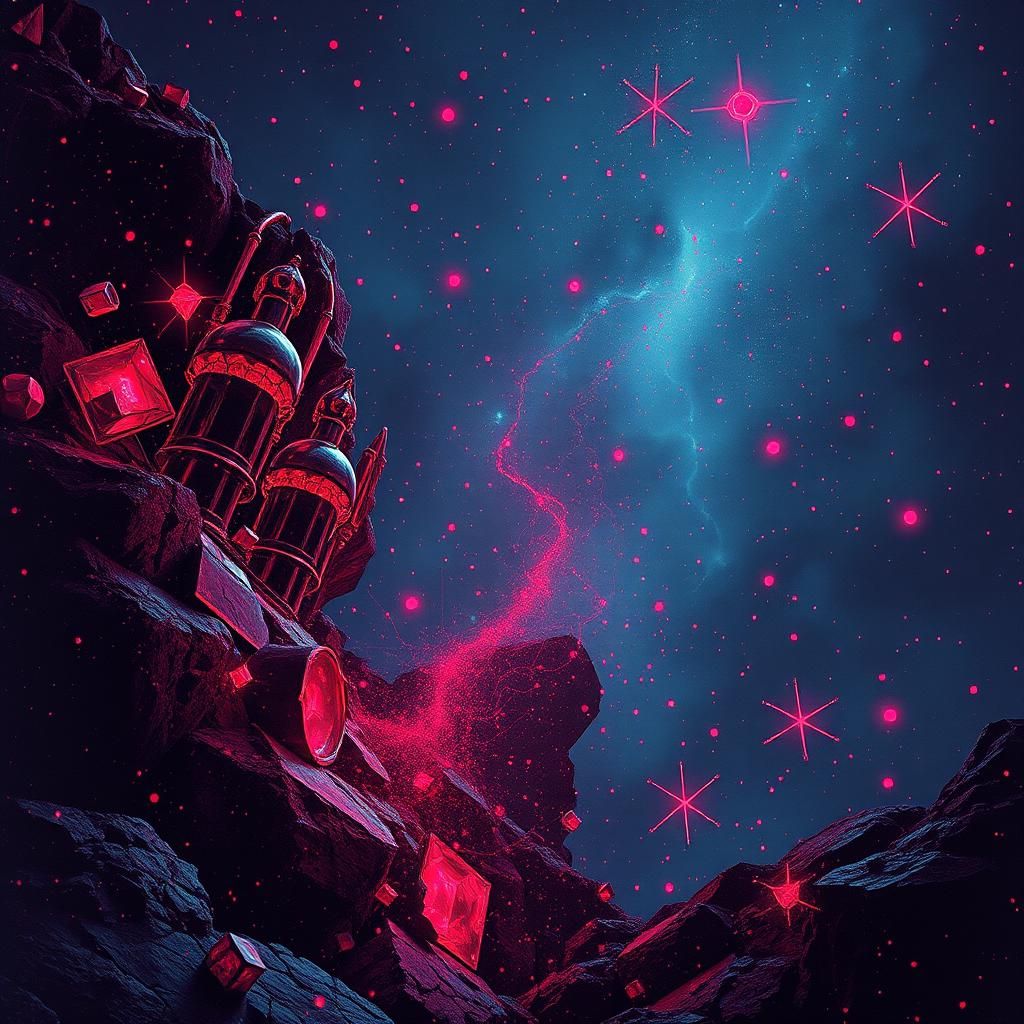 Abstract Red Ruby with Glitch and Constellation Effects