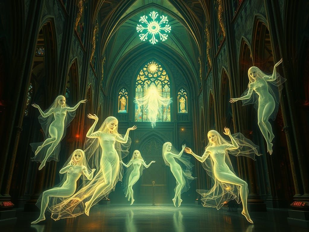 Ghosts Dancing in a Klimt-Inspired Gothic Cathedral