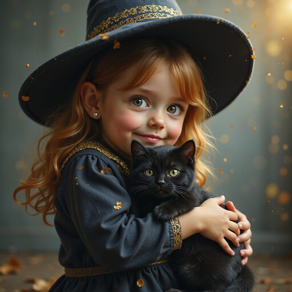 Cute Witch Girl With Black Cat Puppy - Fine Art Painting