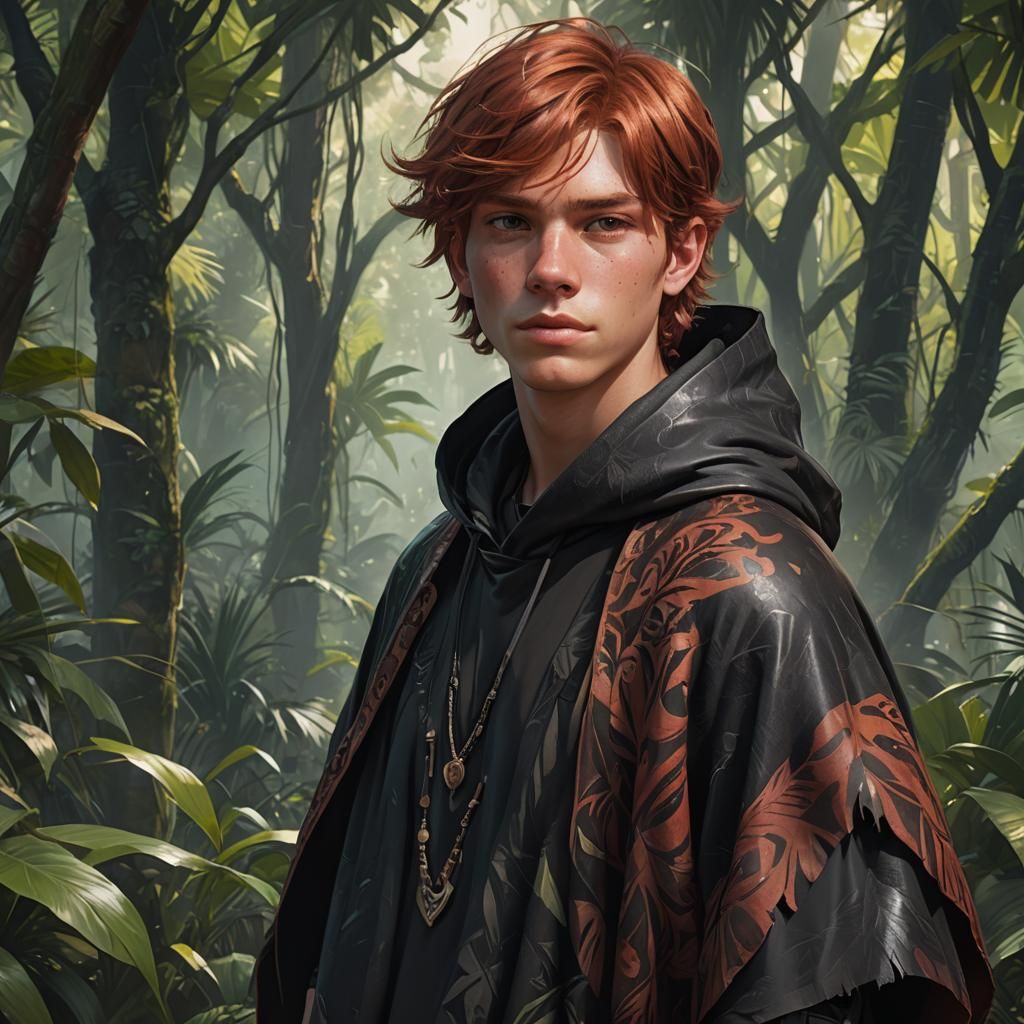 Teen Boy Portrait in Jungle, Hyperdetailed Concept Art