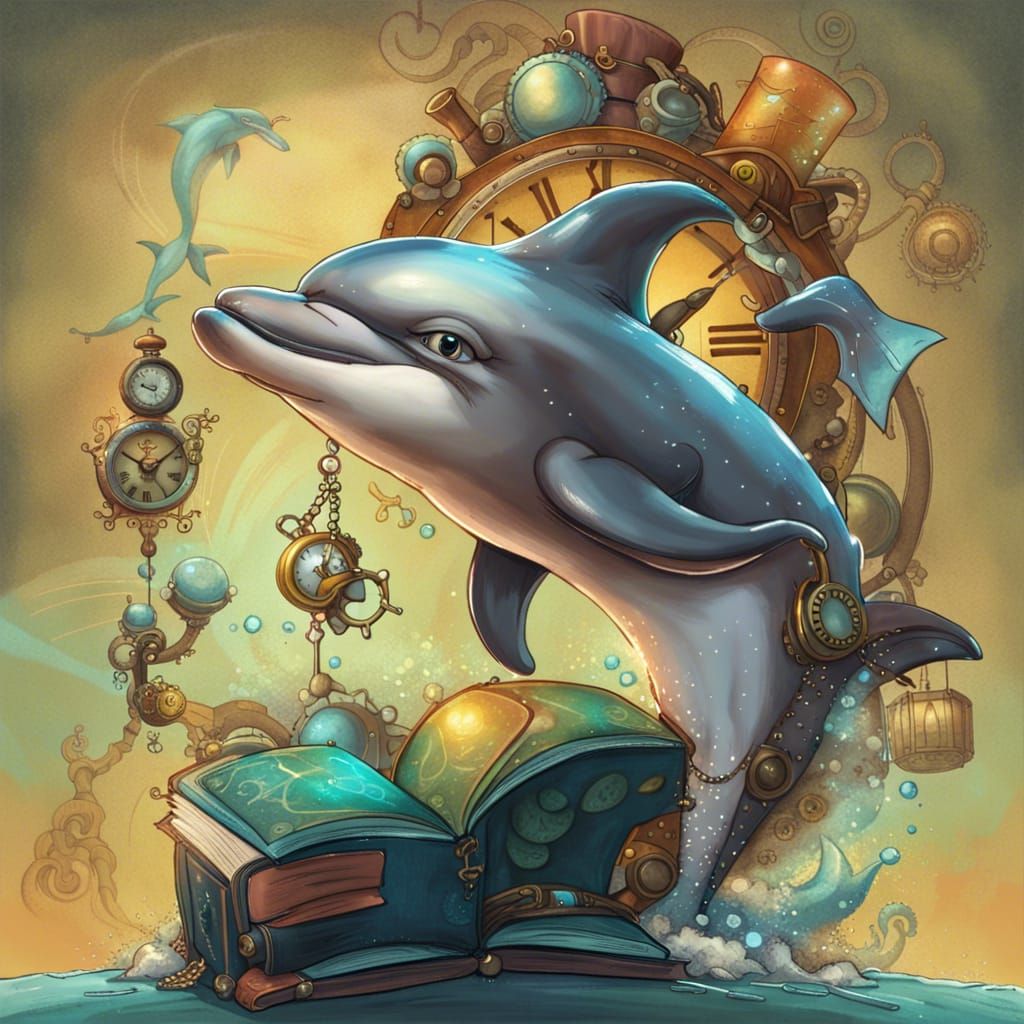 Steampunk Dolphin with Clock and Fantasy Book