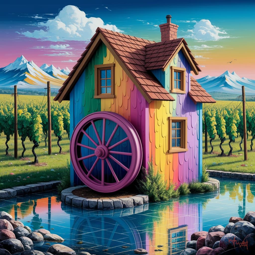 Waterwheel Cottage in Vibrant Oil Painting Style
