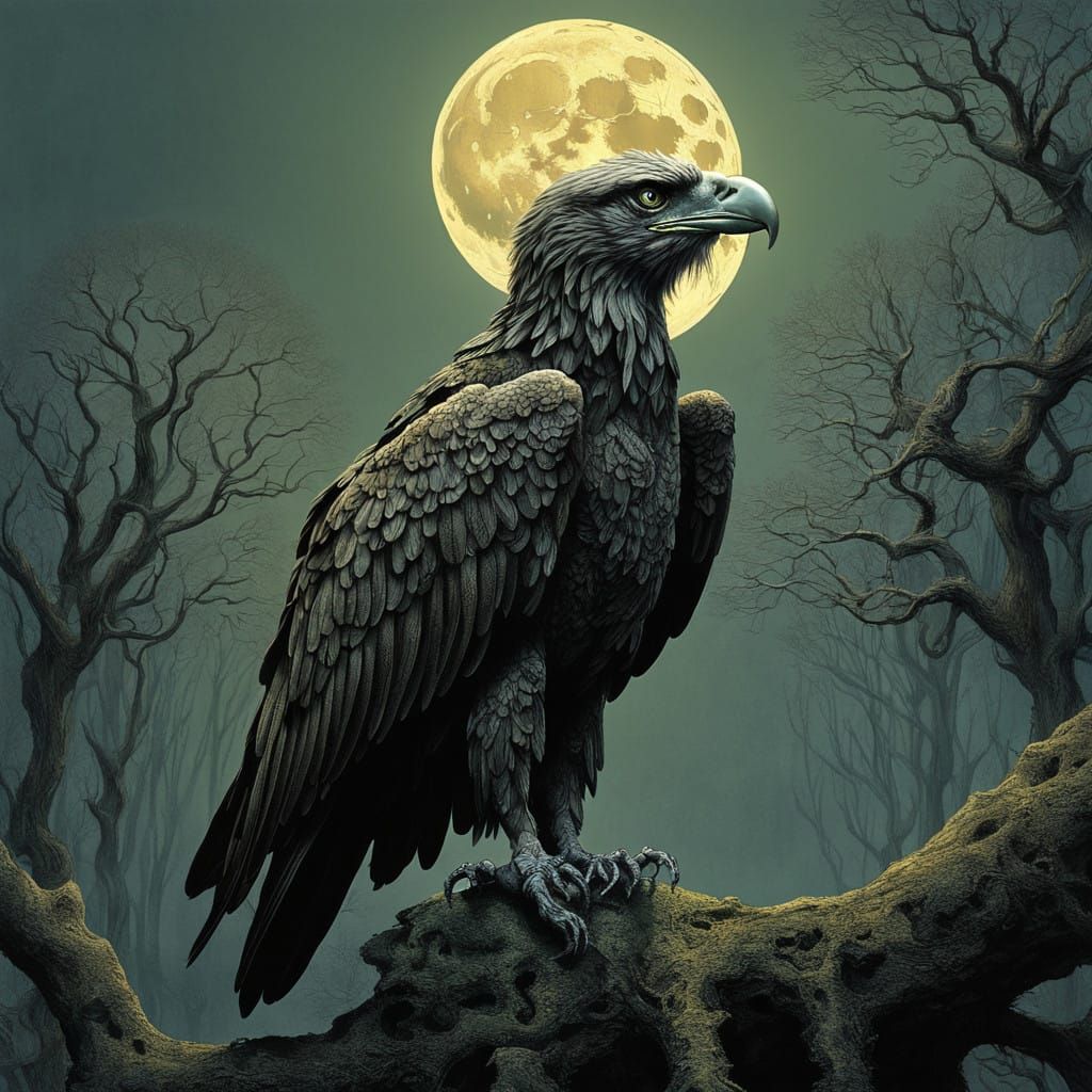Majestic Eagle on Moonlit Tree Branch in a 19th-Century Roma...