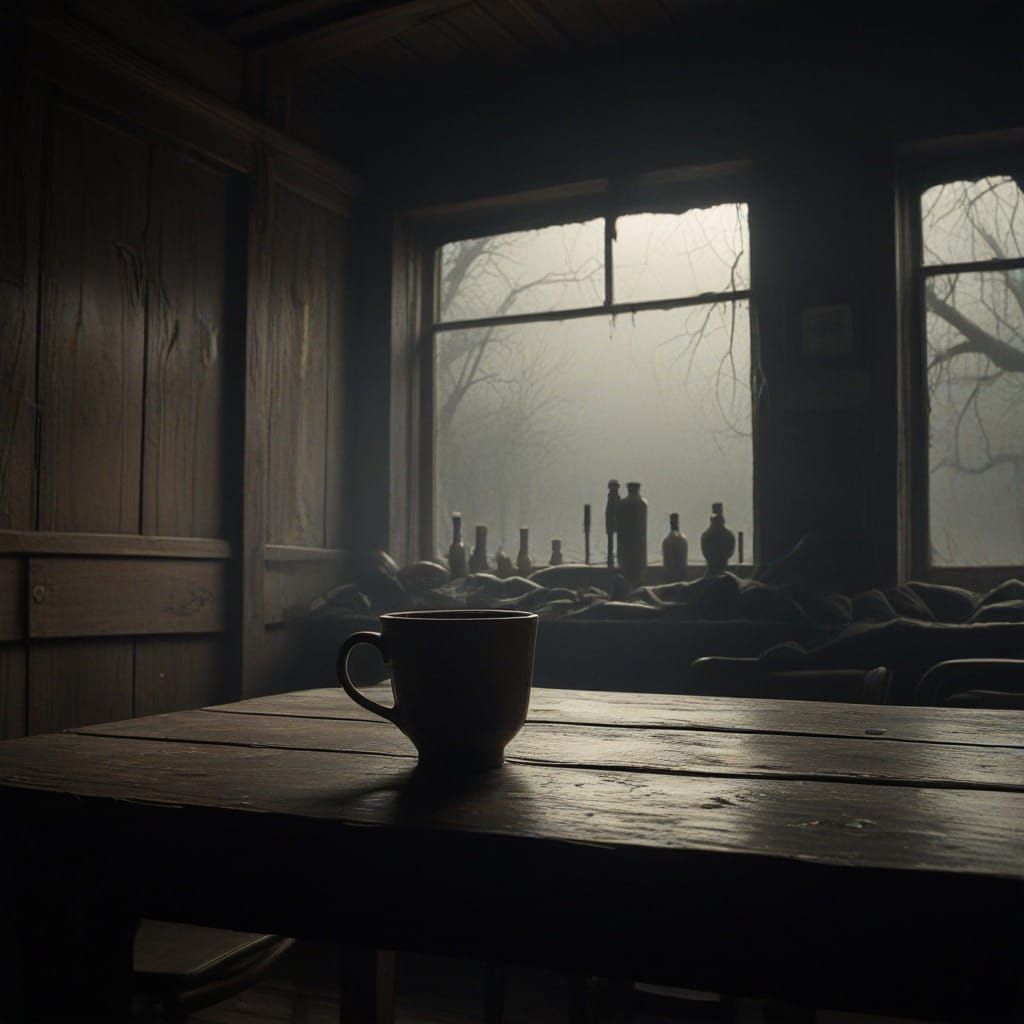 Dark Surreal Coffee Scene in Earthy Tones