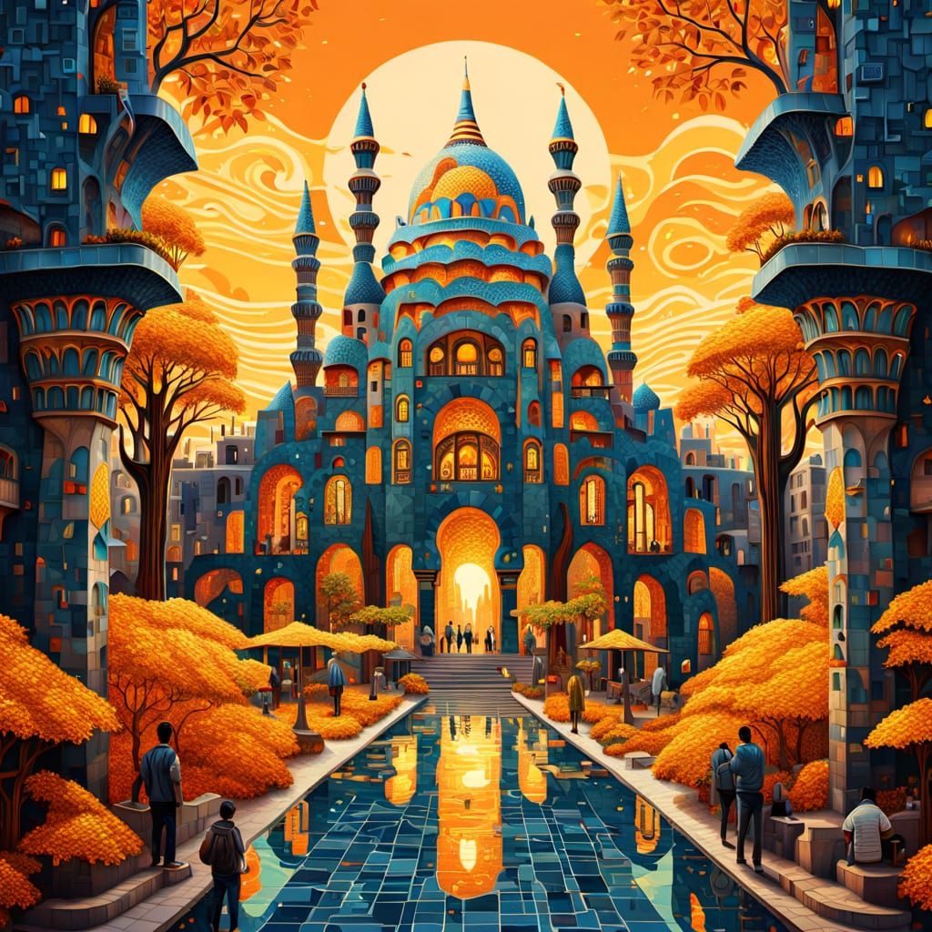 Surreal Egyptian Cityscape with Gaudi Mosaic Art