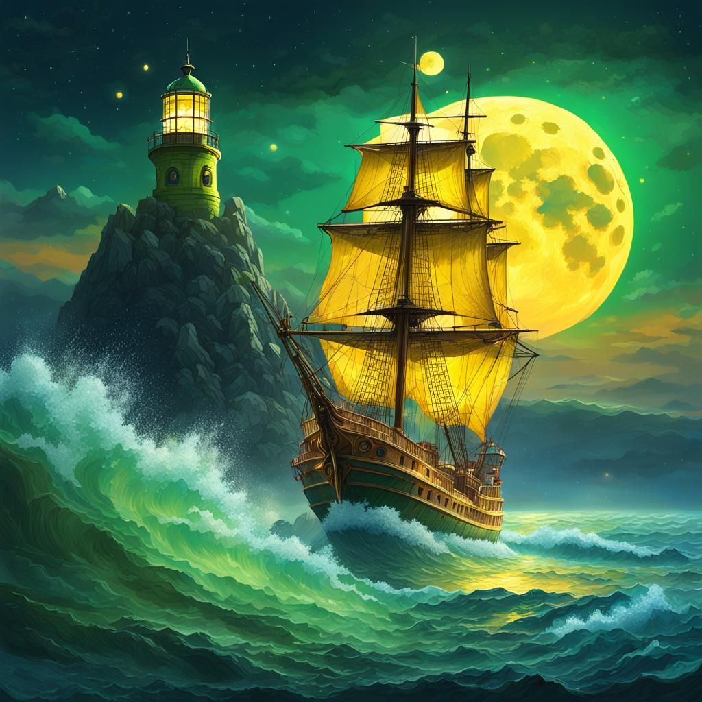 Yellow Sailing Ship with Lighthouse in Hyperrealistic Style