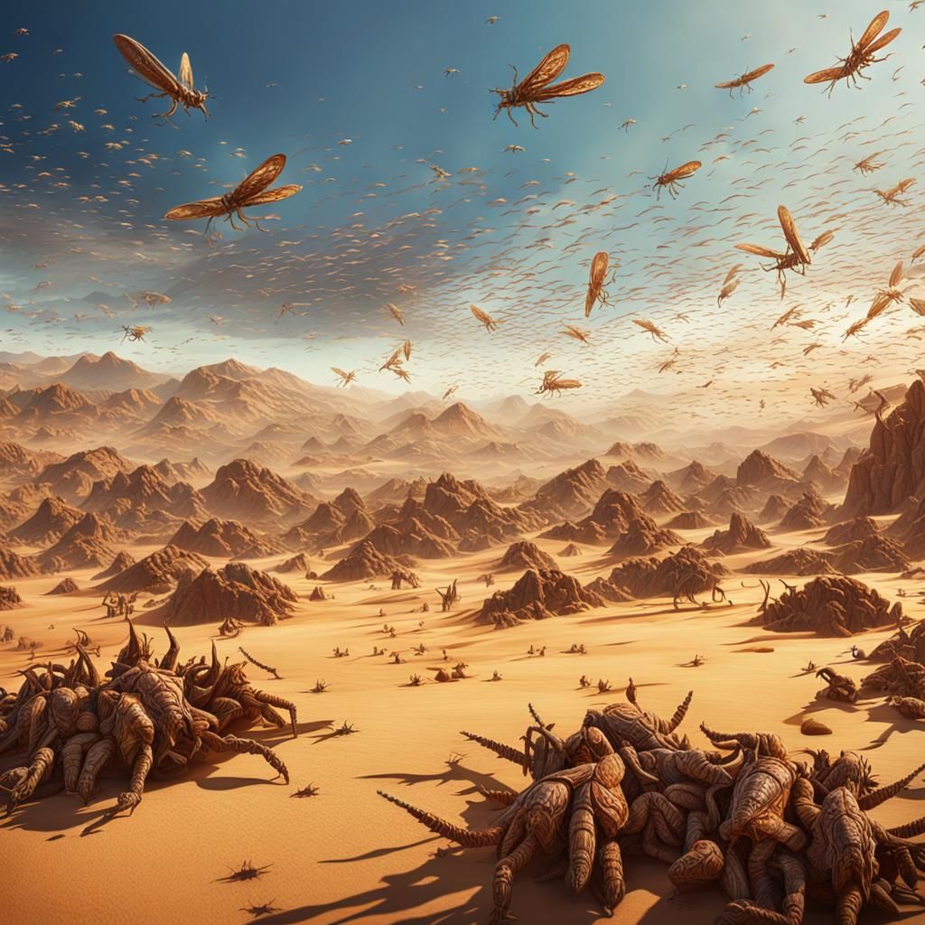 Locusts Swarm Over Red Sea: Detailed Matte Painting