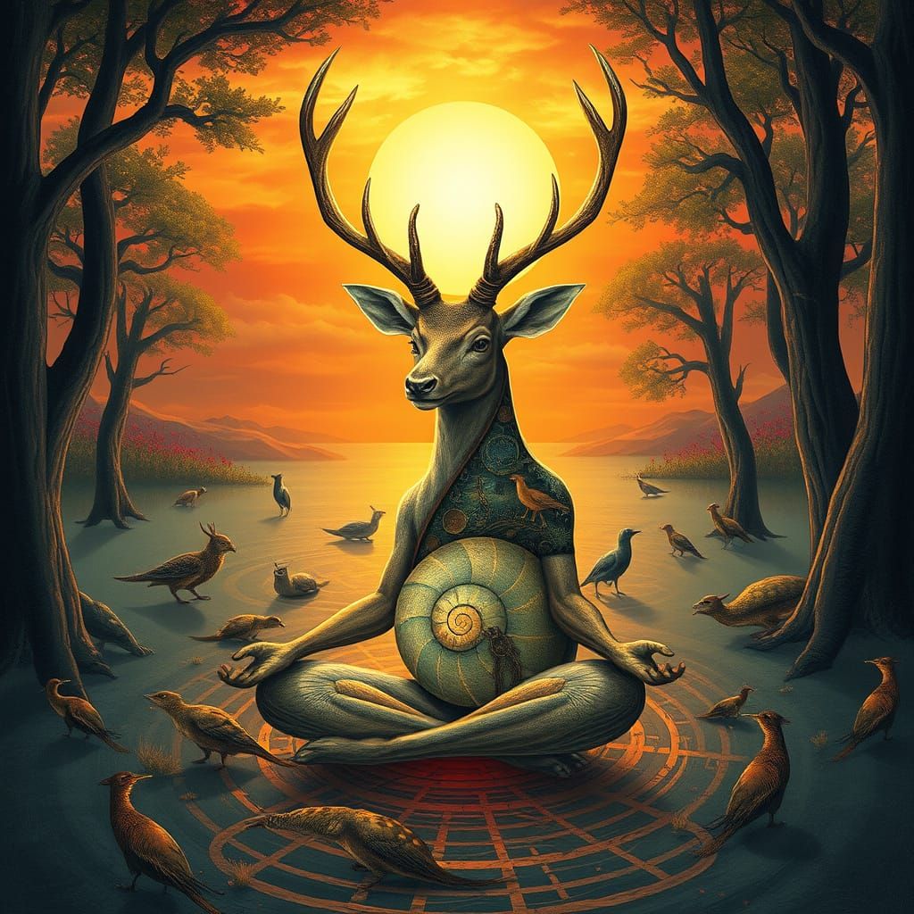 Mystical Deer Meditating at Sunset: Surrealist Expressionism