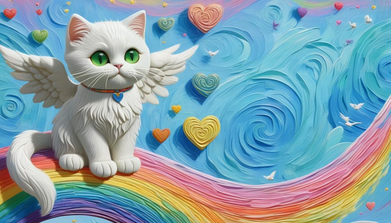 White Cat with Angel Wings on Rainbow Bridge