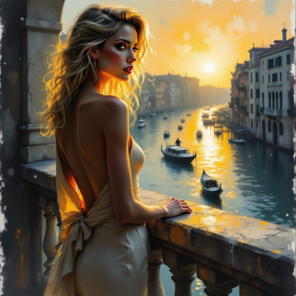 Venice Sunset Balcony Scene With Woman in Silk Gown