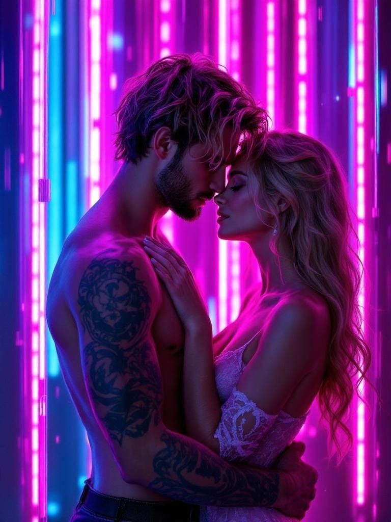 Romantic Embrace in Neon Rain, Painterly Realism