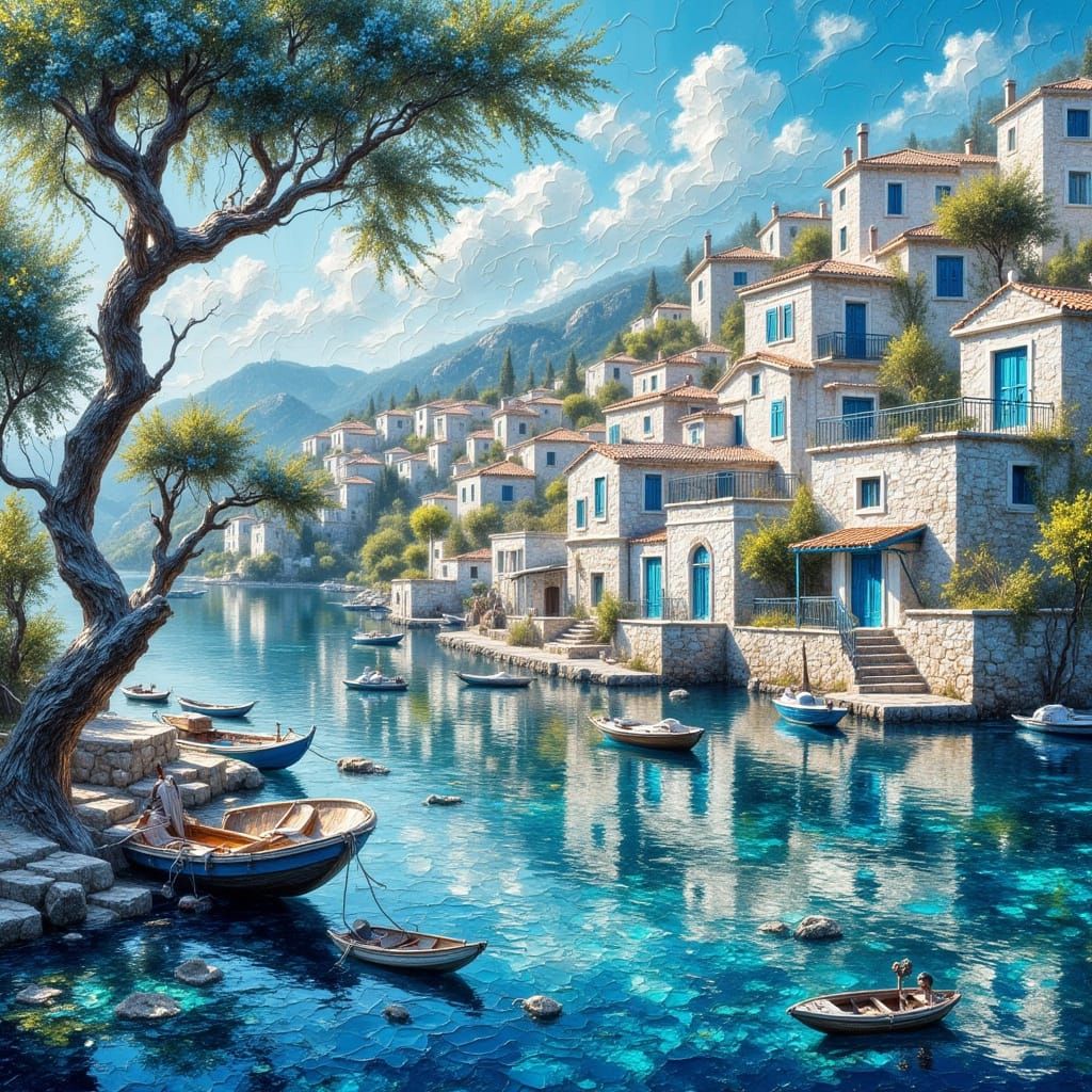 Greek Village by the Sea: Impasto Style