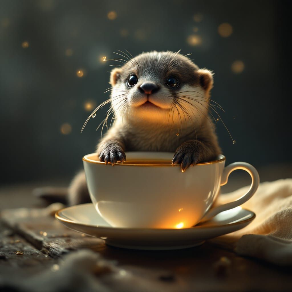 Baby Otter Sipping Tea: A Cinematic Still