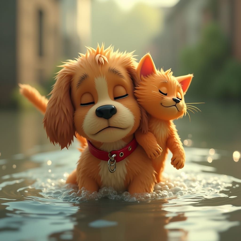 Puppy Rescues Cat in Flood, 3D Cartoon Animation