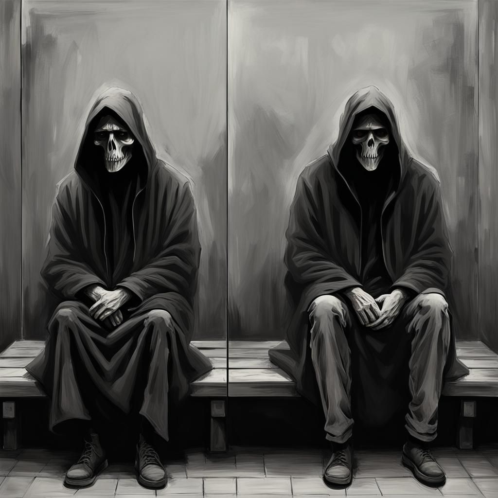 Monochrome Encounter with Grim Reaper on Platform