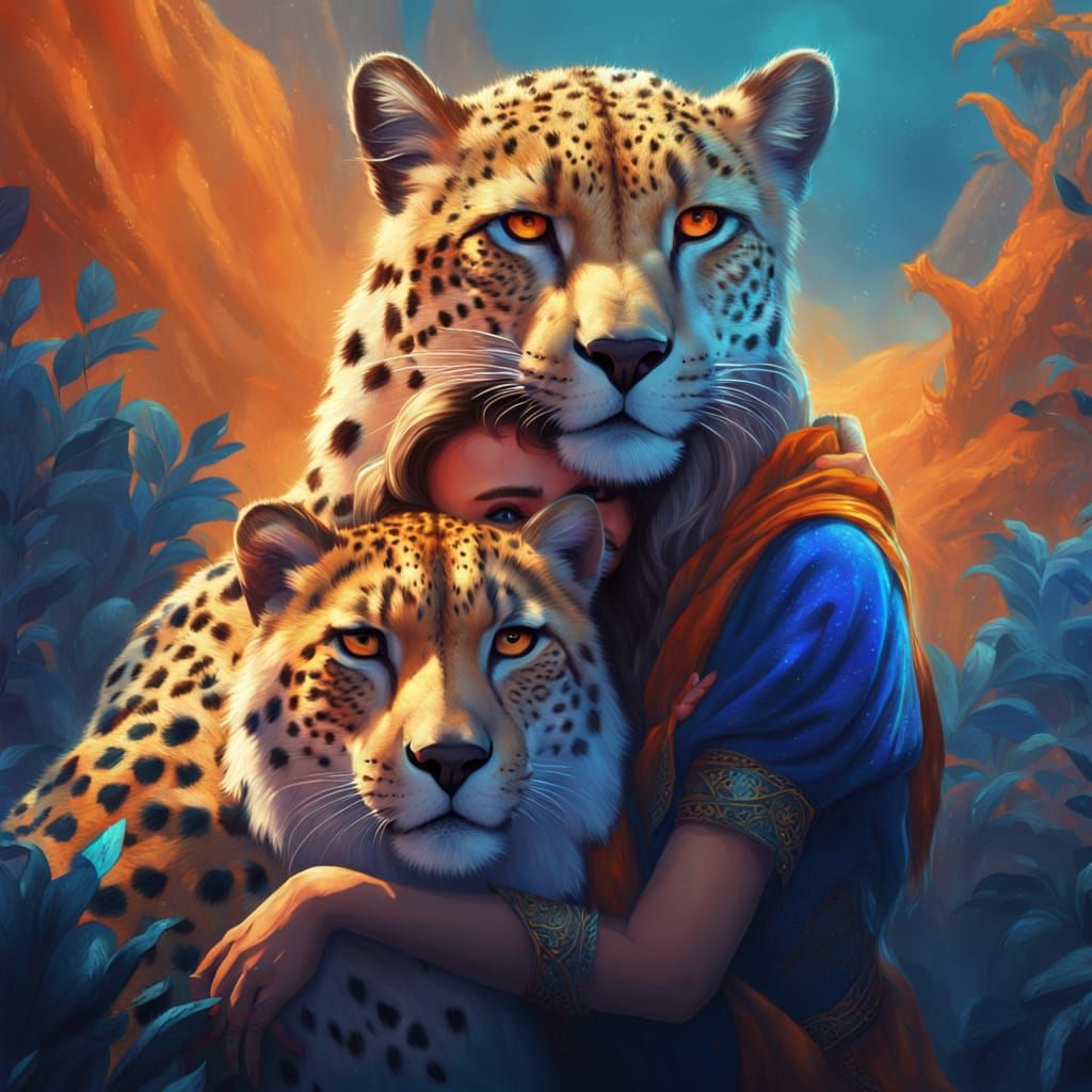 Majestic Queen Hugs Cheetah in Ethereal Fantasy Art