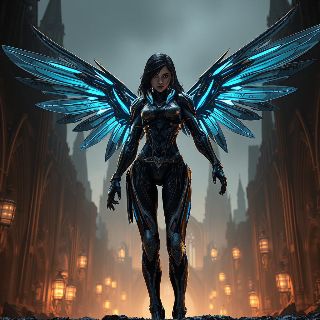 Cyberpunk Cyborg Warrior with Ethereal Wings