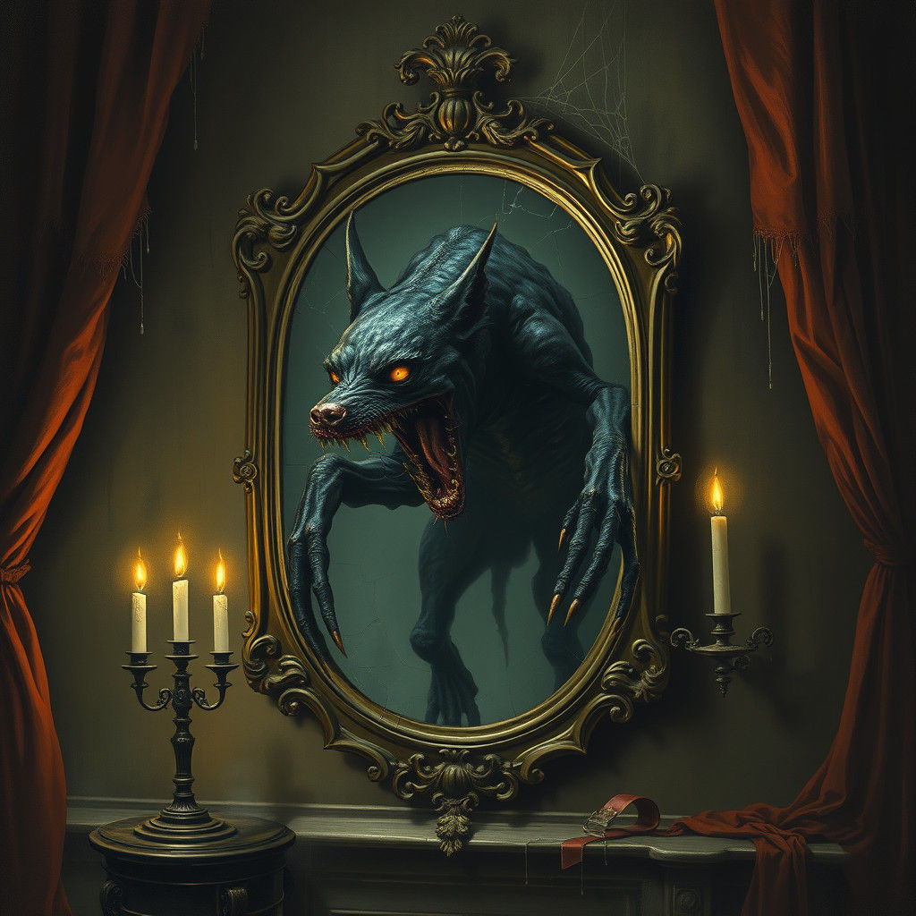 Grotesque Dog Emerges from Mirror in Gothic Horror Style