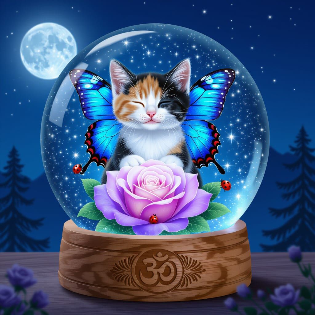 Calico Kitten Snow Globe with Butterfly Wings and Rose