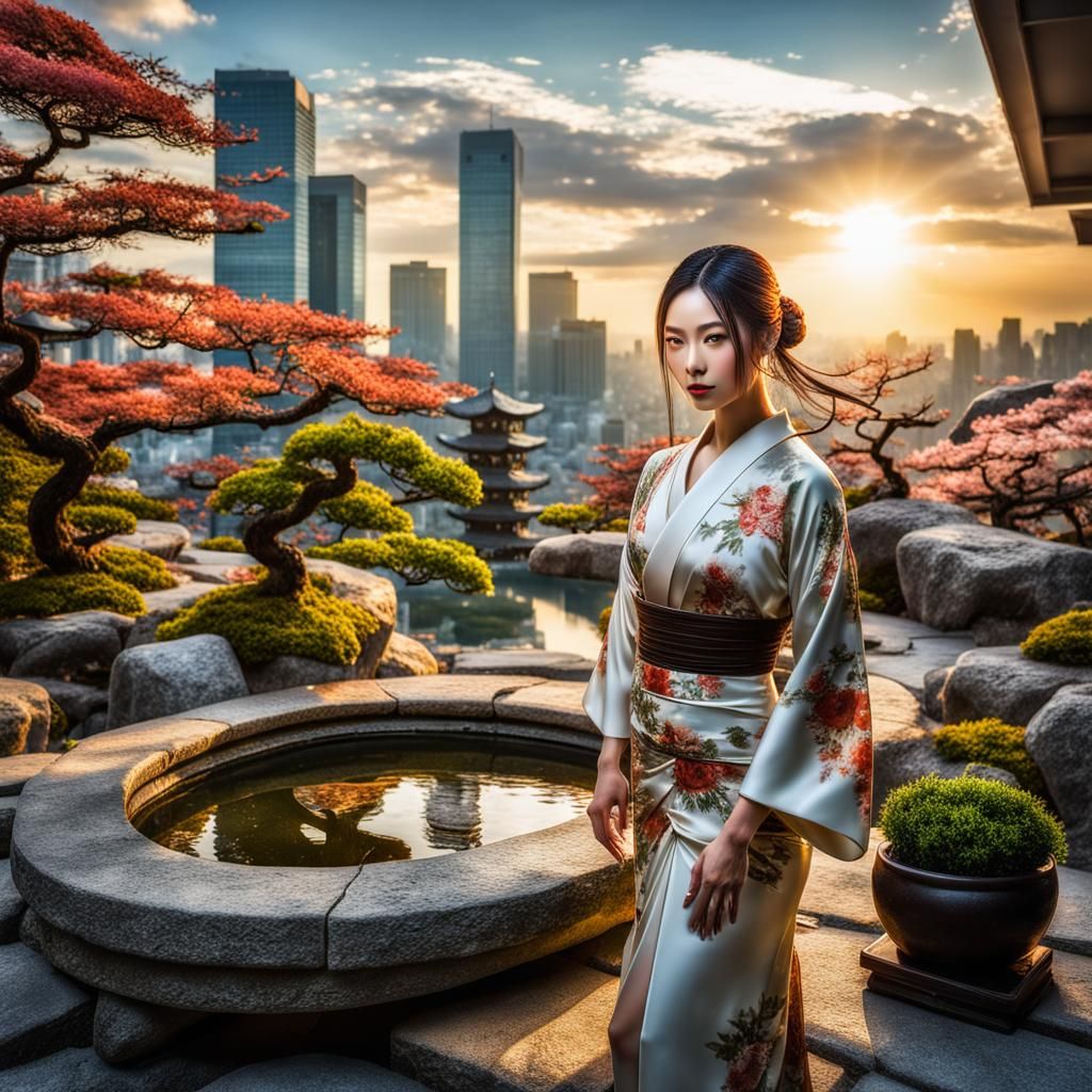 Picturesque Japanese Garden on Skyscraper at Sunset