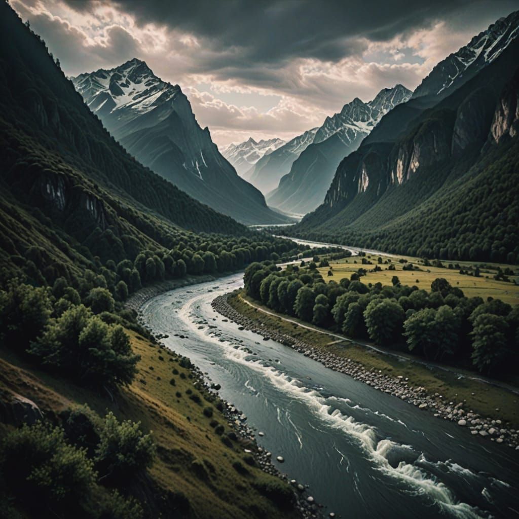 Dramatic Mountain River Landscape in Cinematic Style