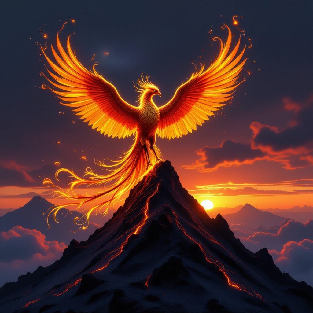 Majestic Phoenix of Molten Gold at Fiery Sunset