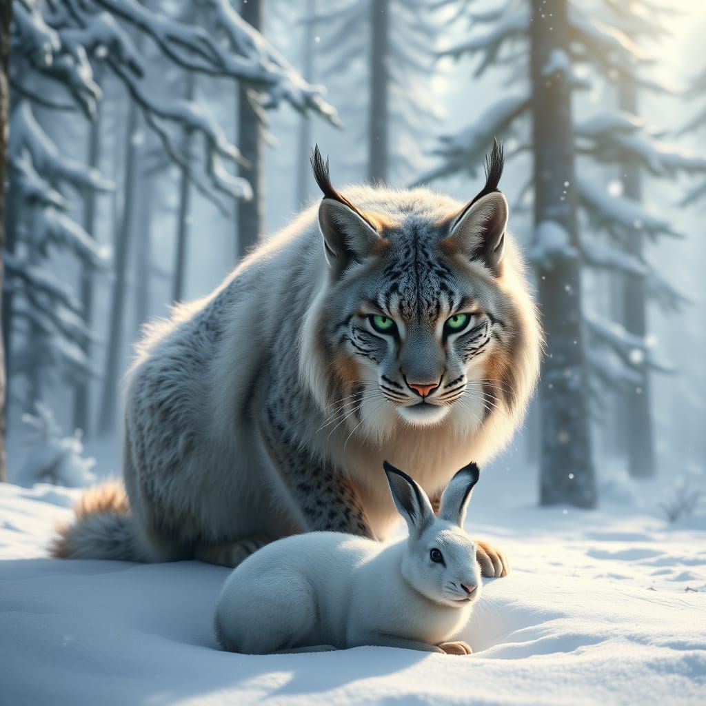 Majestic Lynx in Snowy Forest, Ready to Pounce on Arctic Har...