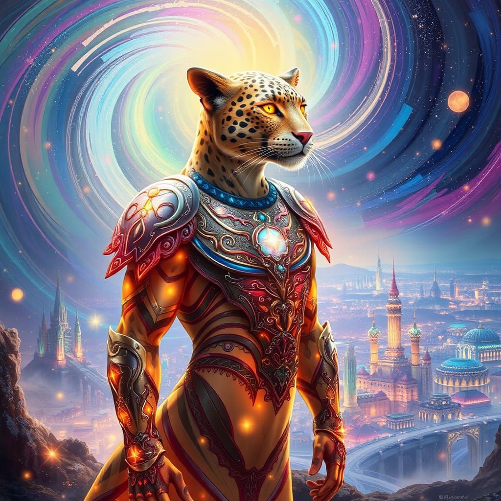 Celestial Leopard Being in Iridescent Metropolis