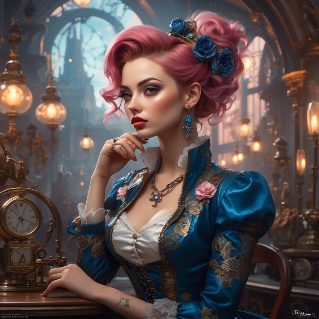 Steampunk Woman Portrait in Blue and Pink Tones