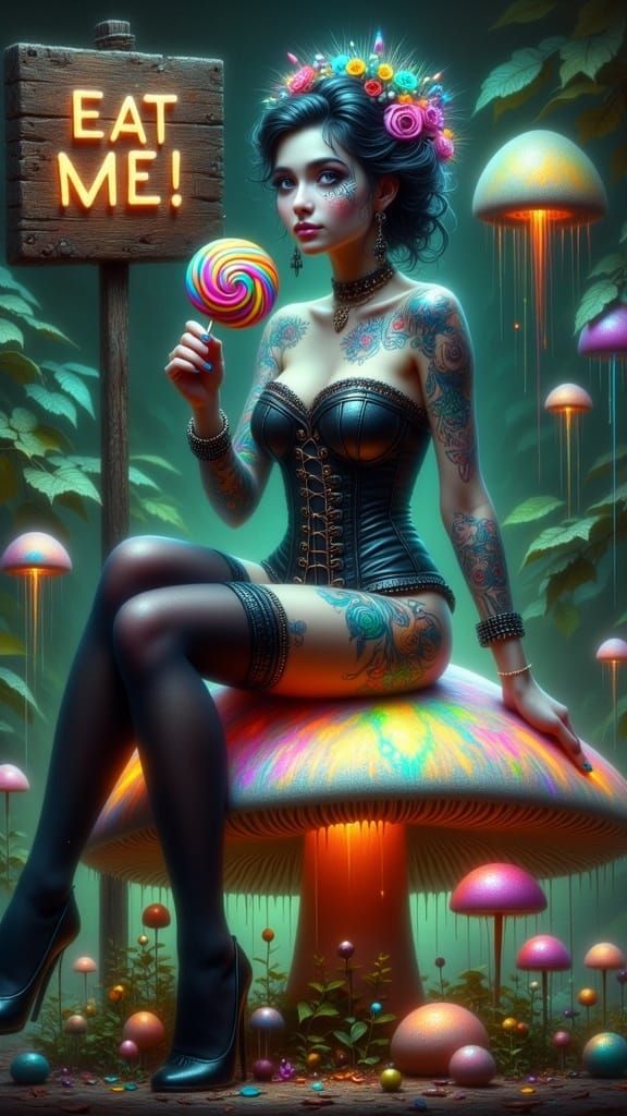 Corrupted Alice in Wonderland on Bioluminescent Mushroom