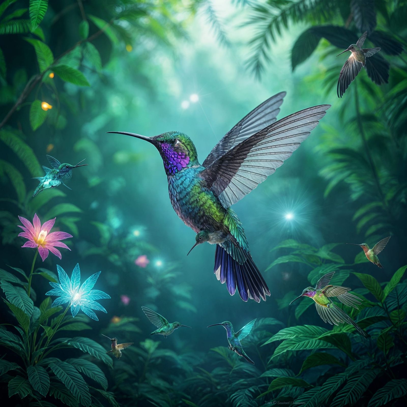 Stained Glass Hummingbird in Bioluminescent Jungle