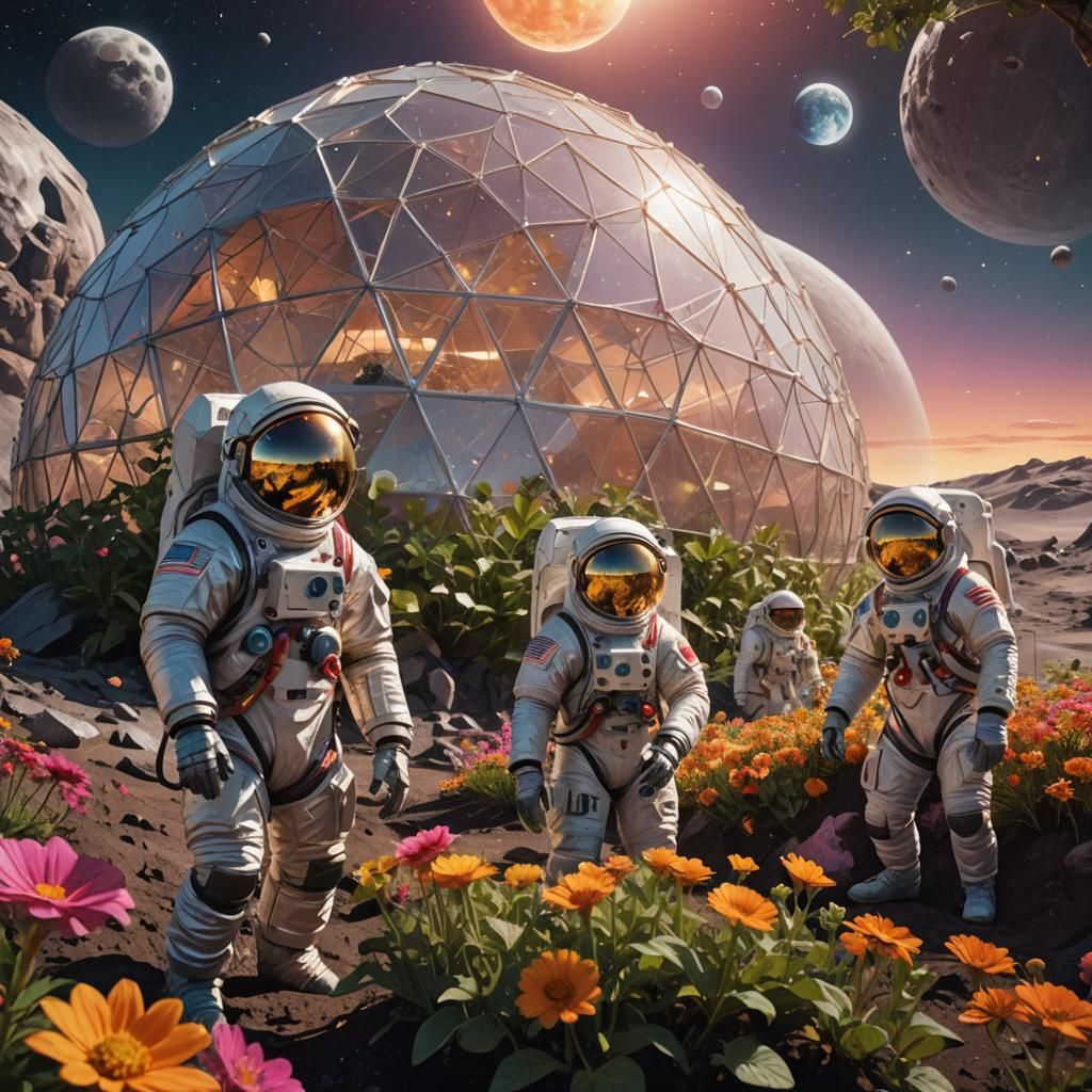 Lunar Garden: Astronauts Nurturing Life in Geodesic Dome