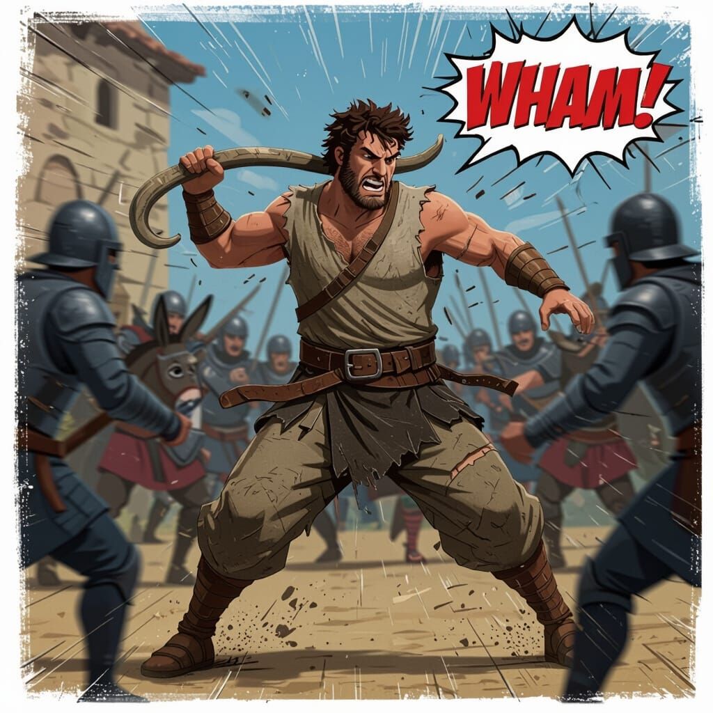 Samson in Action with Donkey Jawbone, Cel-Shaded Style