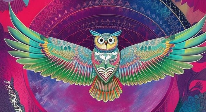 Geometric Owl in Flight: Art Deco Digital Painting
