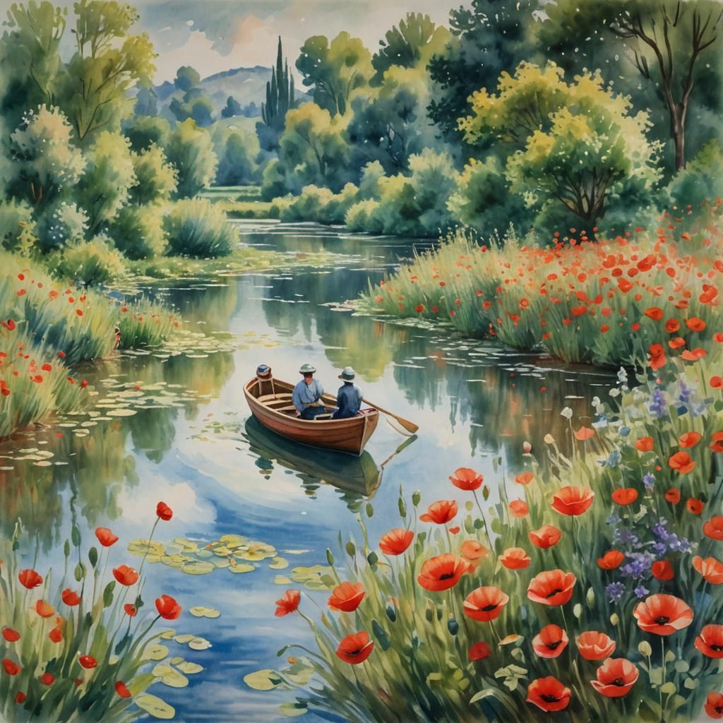 Impressionist River Scene with Couple in Watercolor