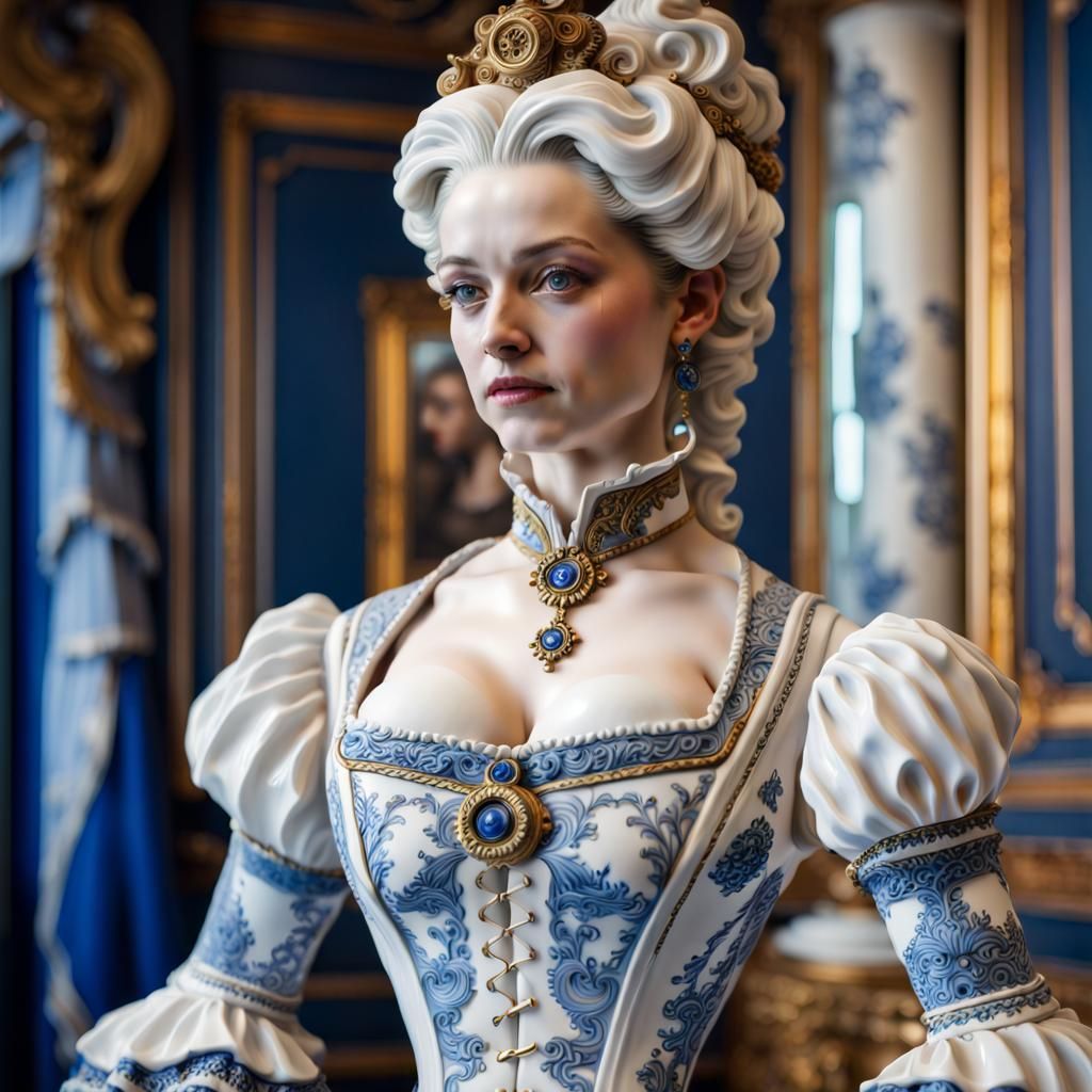 Rococo Porcelain Woman with Delft Tattoos