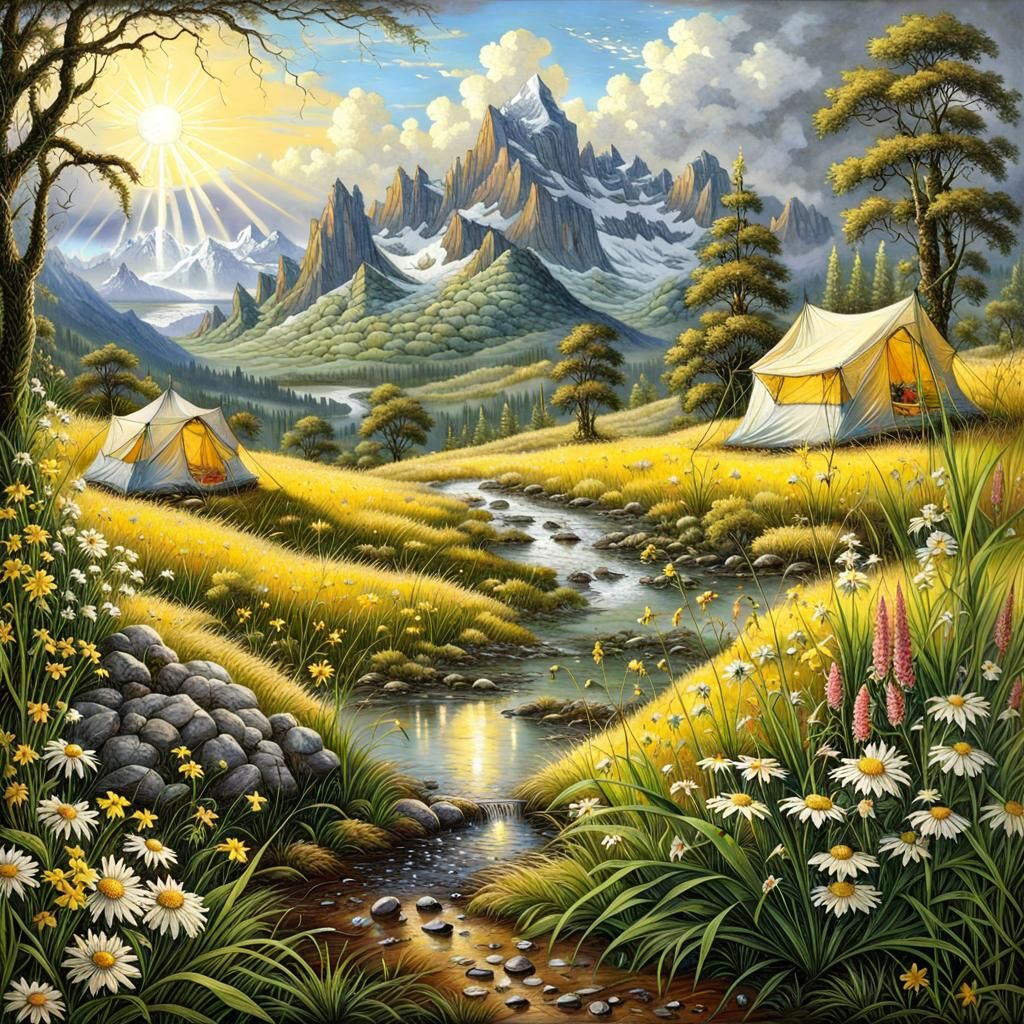 Picturesque Campsite in Wilderness: Fantasy Art Wallpaper