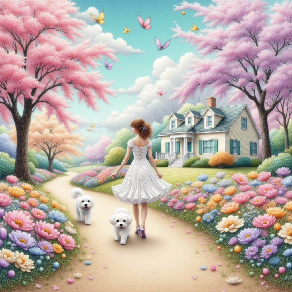 Serene Woman Walking in a Pastel Dreamscape