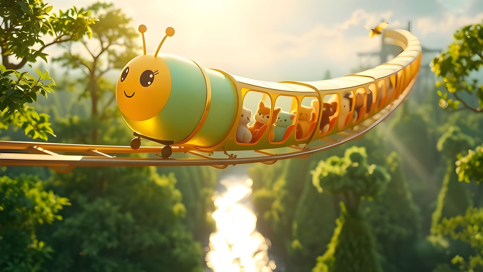 Whimsical Sky Train Soars Through Sunlit Skies in Pastel Hue...