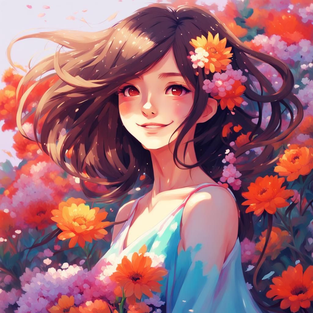 Radiant Anime Girl Surrounded by Colorful Flowers