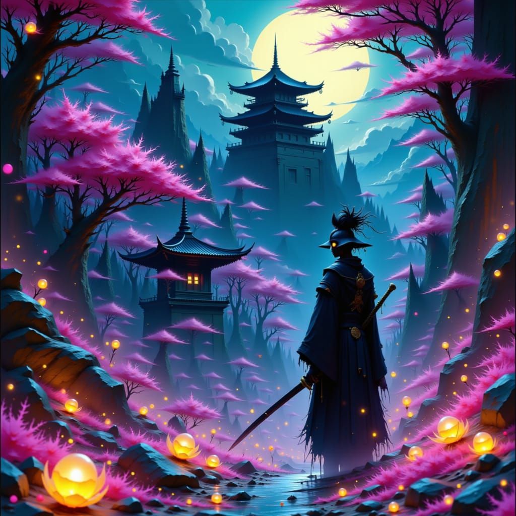 Samurai Guardian Before Haunted Pagoda in Dark Fantasy Style