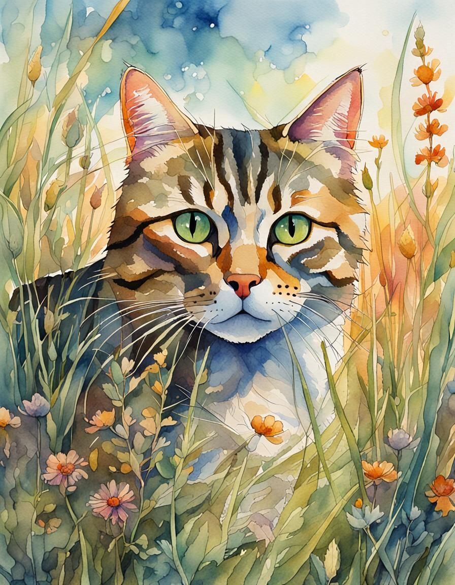 Tabby Cat in Wildflower Meadow, Watercolor Style