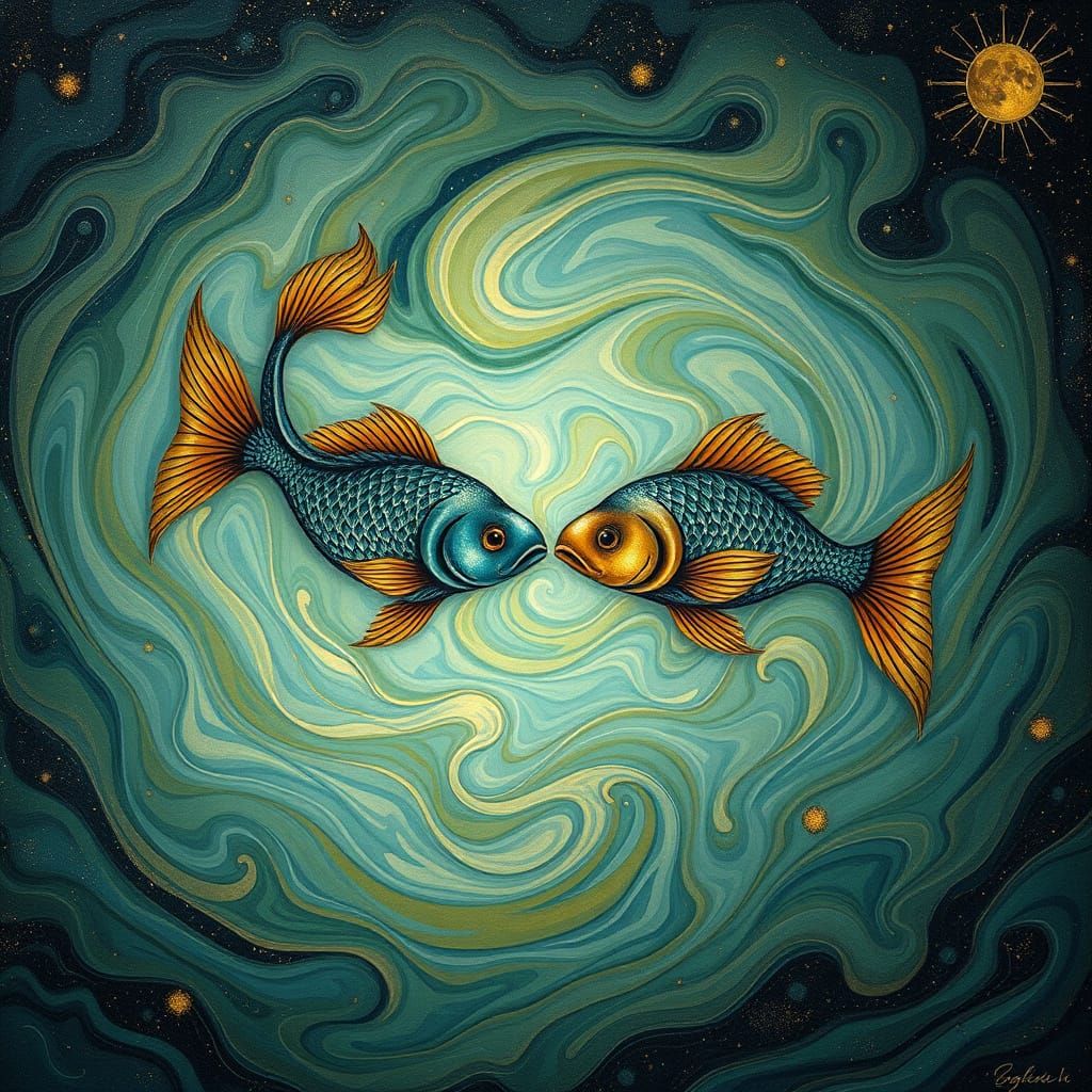 Pisces Zodiac Sign: Two Fish in Swirling Cosmic Water