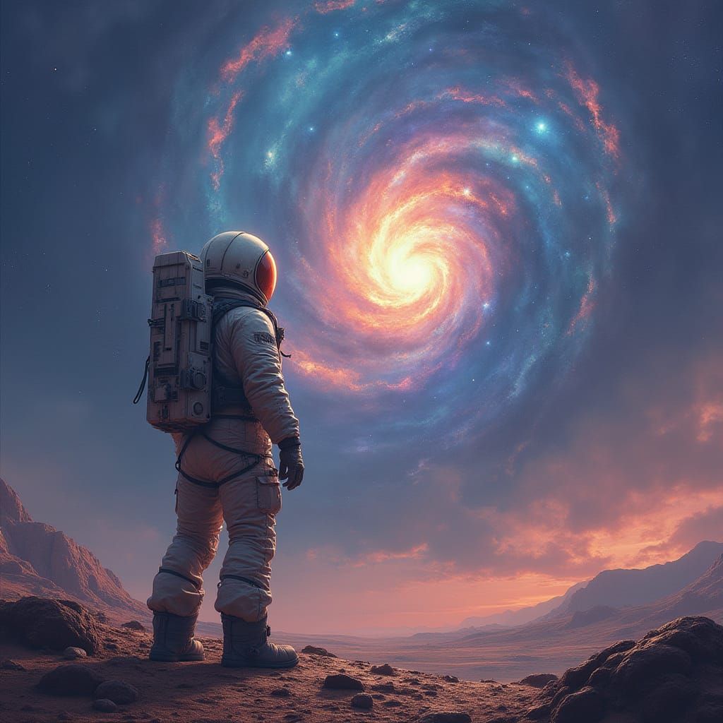Astronaut Contemplates Cosmic Wonder on Alien Planet